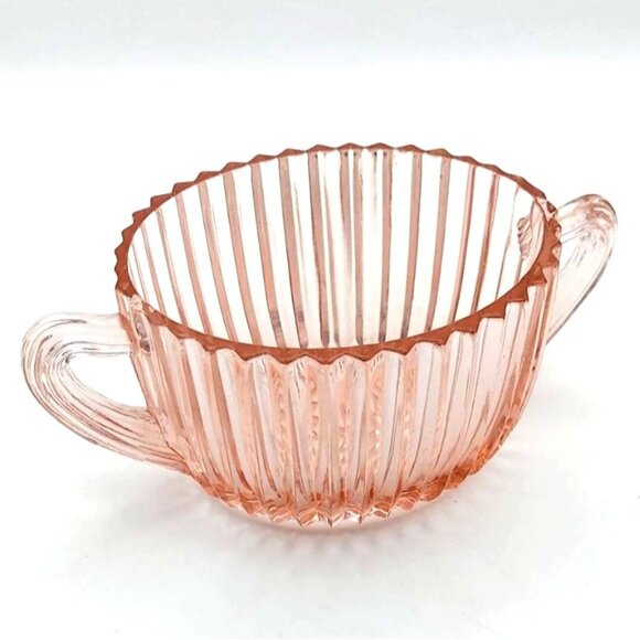Vintage Hocking Glass Pink Queen Mary Ribbed Creamer & Open Sugar Set Depression - Picture 4 of 6